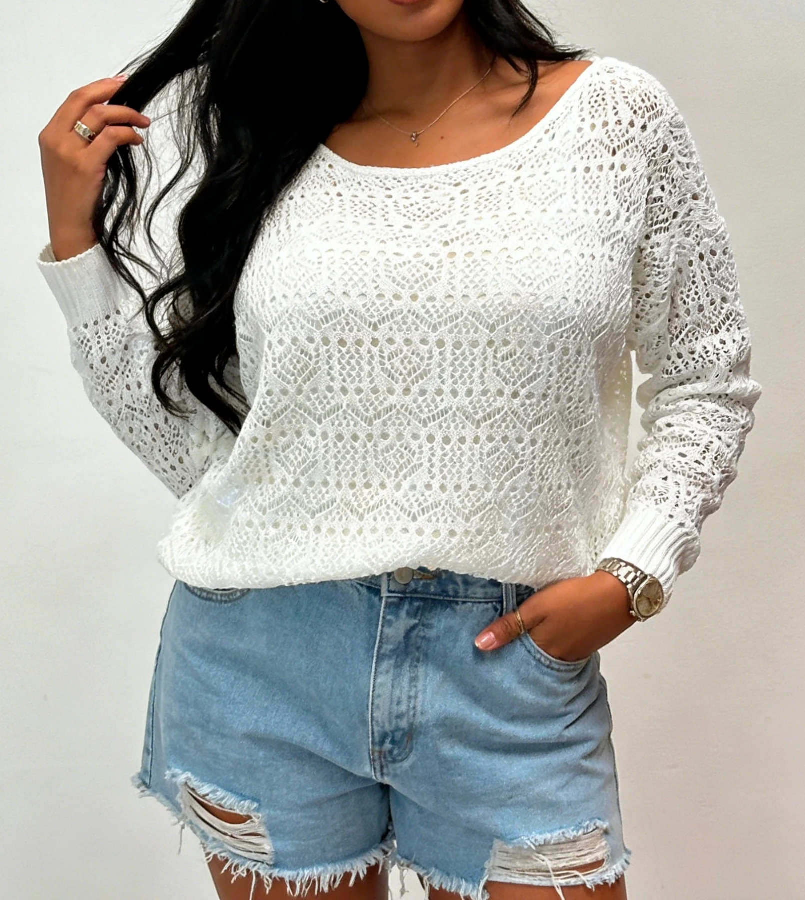

Plus Size Women's Vacation Boat Neck Knit Long Sleeve Pullover, Ideal for Summer Outings.