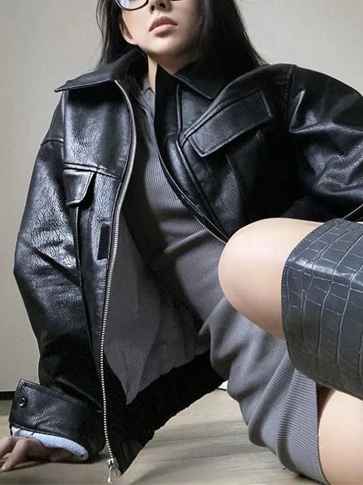 Streetwear Fashion Black Leather Jacket Women Punk Outwear Zipper Moto Leather Jacket Motor Biker Casual High Street Faux Coat