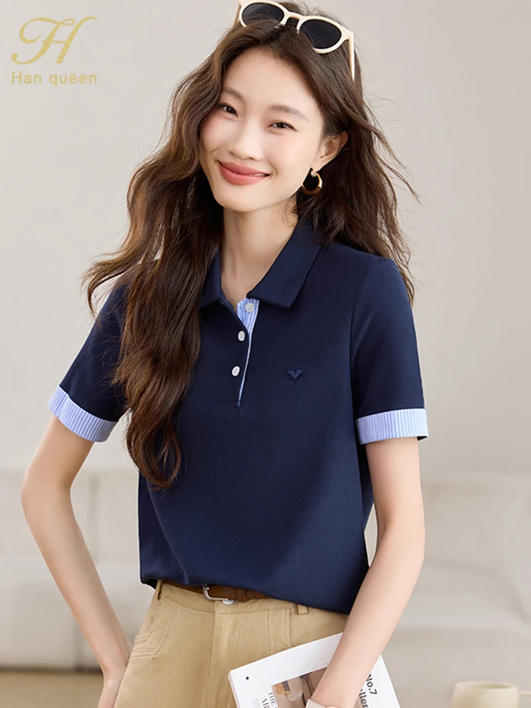 

H Han Queen 2025 Summer Polo Women Tees Chic Color Matching Loose Woman Clothing Simple Casual T-Shirt Short Sleeve Vintage Tops