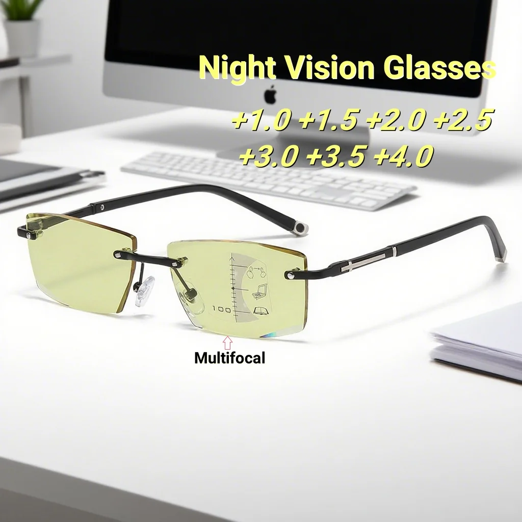 

New Business multifocal Night Vision Men's Reading Glasses Frameless High-definition Anti Blue Light Men's Reading Glasses