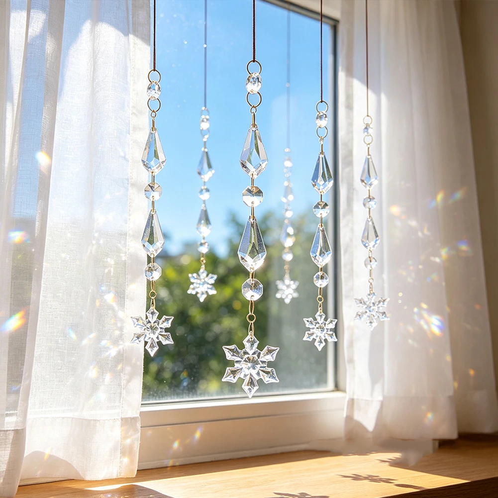 Klarer Schneeflocken-Prisma-Anhänger, Glasperlenstrang, Kristall-Sonnenfänger, Hängekette für Fenster, Garten, Zuhause, Hochzeit, Party-Dekoration – Detail 6