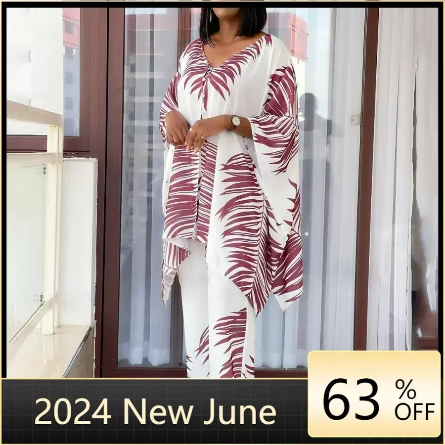 

Printed Two Pieces Set Loose Shirts Batwing Sleeves Button Up Wide Leg Pants Casual Fashion African Female Suits Summer Floral