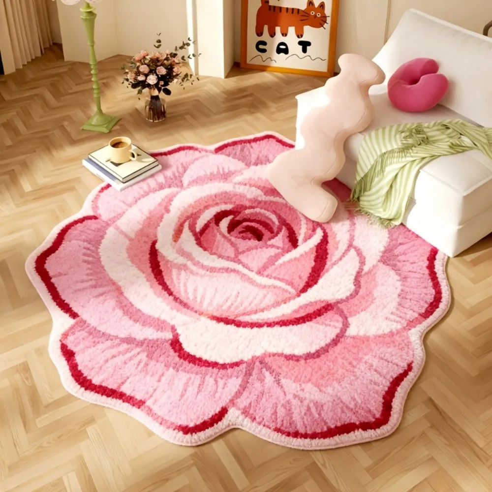VIKAMA Pink Rose Round Rug French-inspired Luxury Bedroom Rug Nordic Instagram-worthy Home Decor Machine Washable