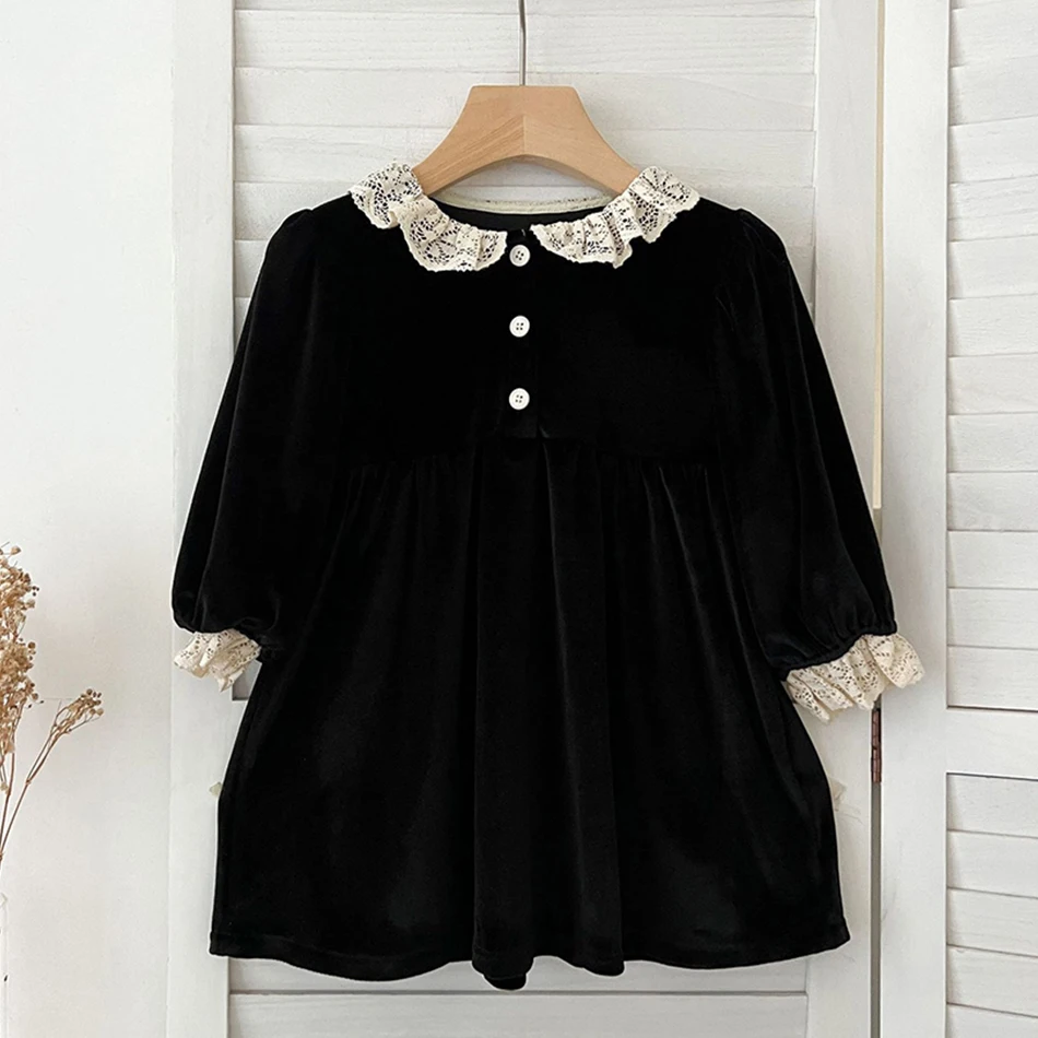 

Stylish Baby Girls Long Sleeve Princess Dress Kids Red and Black Peter Pan Collar Lace Outfit Children Casual Elegant Clothes