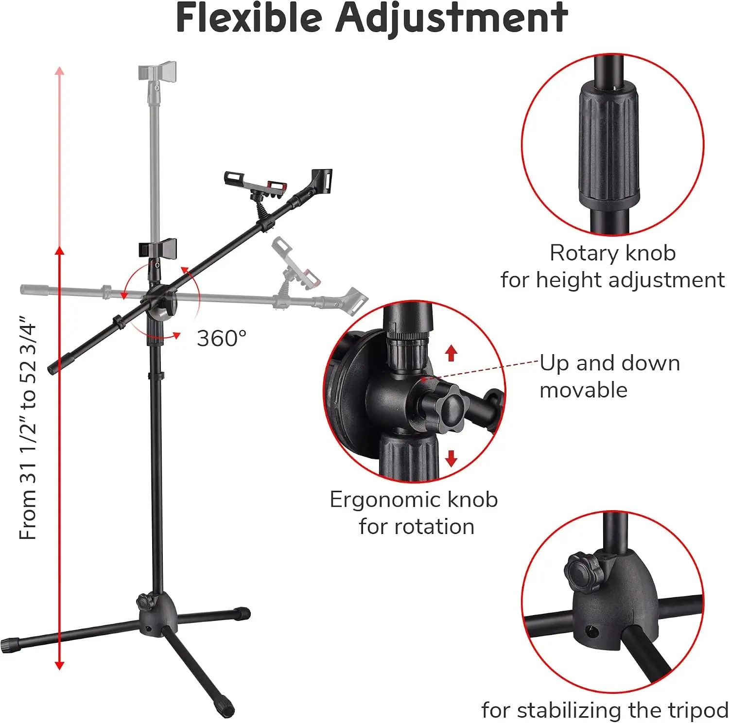 Adjustable Microphone Tripod Stand With Dual Mic Clips Phone Holder Heavy Duty Folding Floor Base Portable Live Performance Audio Mic Boom Arm 4 Pack Black