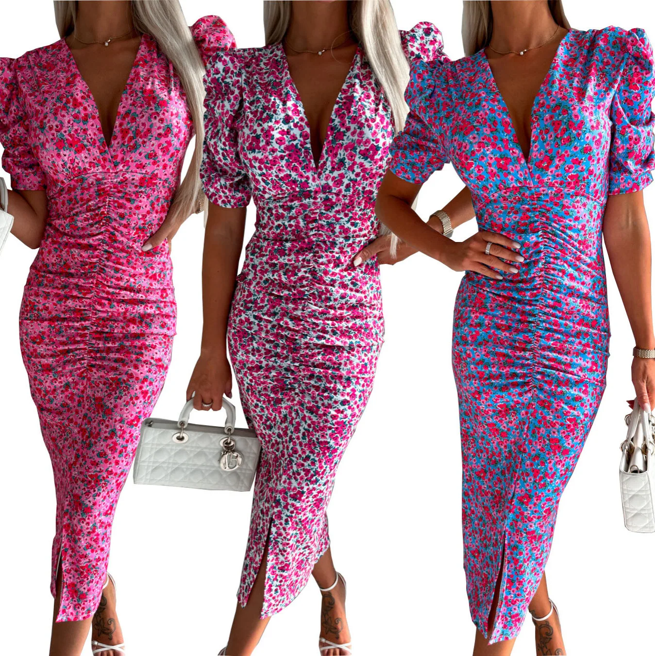 

2025 Spring/Summer Short Sleeve Floral Dress Deep V Dress