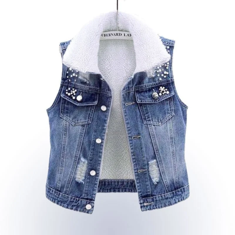 Ajouter du velours et épaissir Denim gilet femmes 2025 printemps automne nouveau polyvalent chaud gilet veste bleu Denim Camisole manteau haut femme