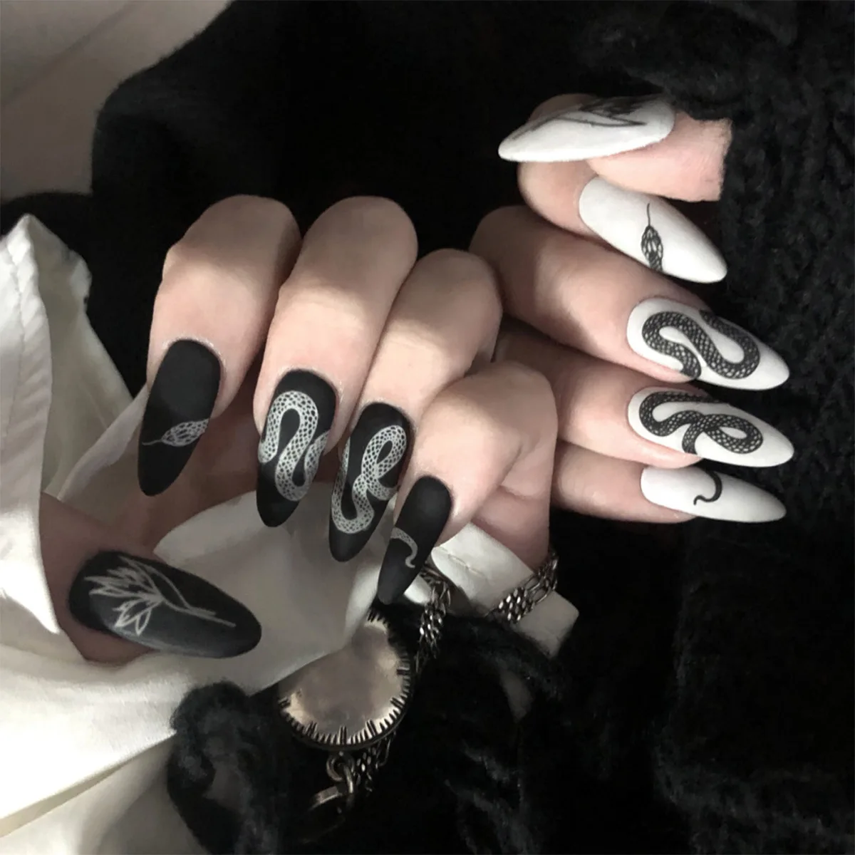 Black White Snake Moon Star Totem Long Pointed Fake Nails Art Stiletto False Nail Punk Y2K Almond Press on Nails Charms Manicure