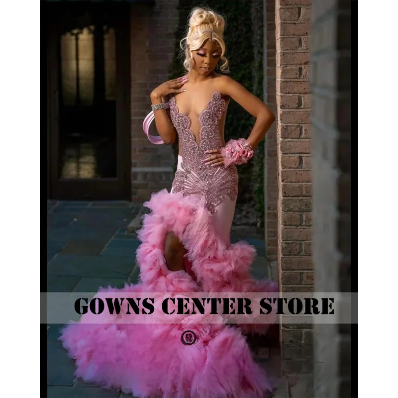 

Sweet Long Prom Dresses For Black Girl Rhinestones Crystal Ruffles Side Slit Birthday Party Dress Customized Evening Gown