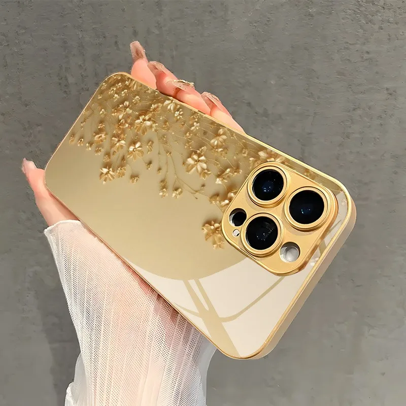 Eleganckie etui na telefon ze szkła hartowanego ze złotym wzorem małych kwiatów dla Samsung Galaxy S25 Ultra S24 S23 Plus S25 FE S23Ultra Cover — zdjęcie produktu 5