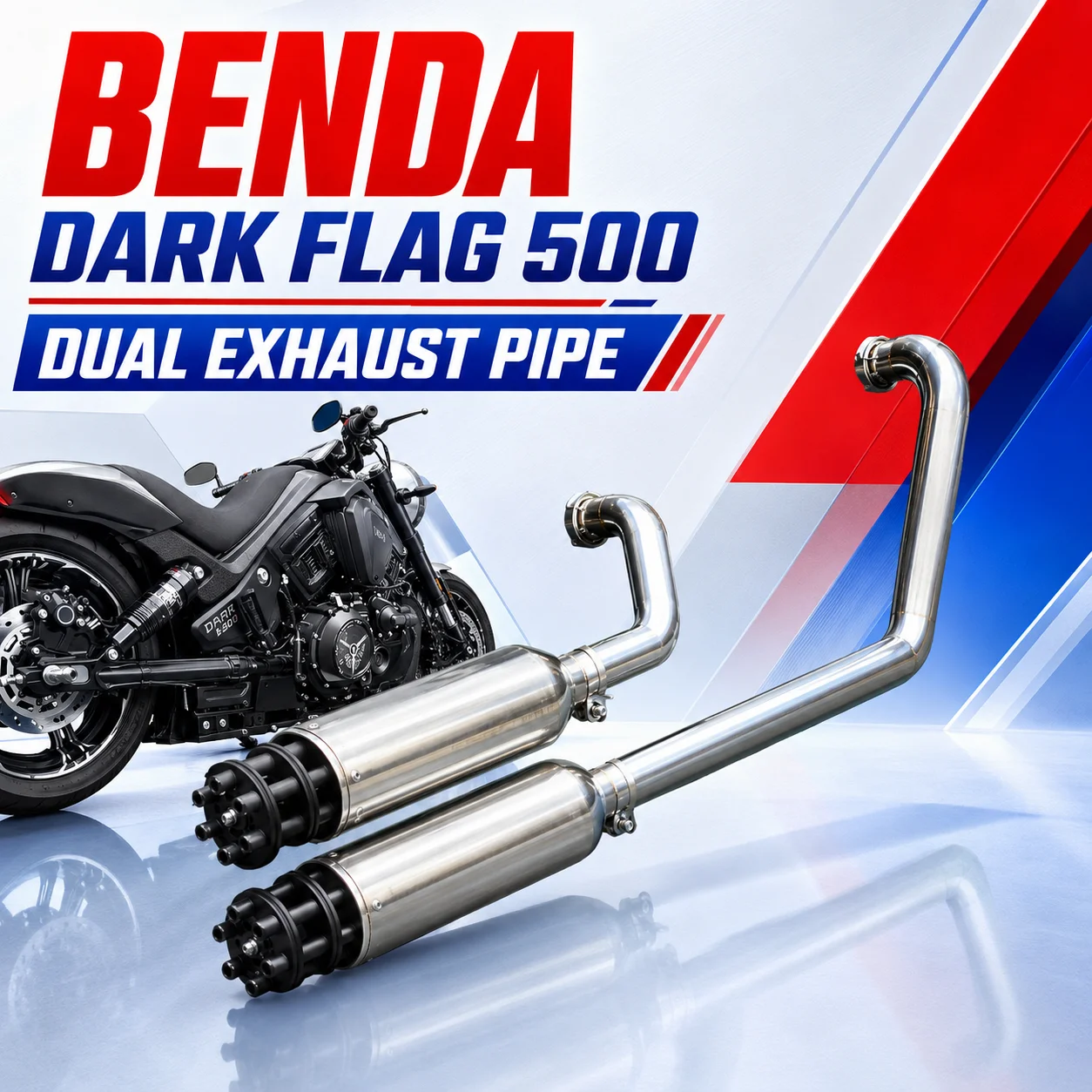 Gatling-style dual-outlet full exhaust system, suitable for BENDA DARK FLAG 500 cruiser exhaust modification parts.