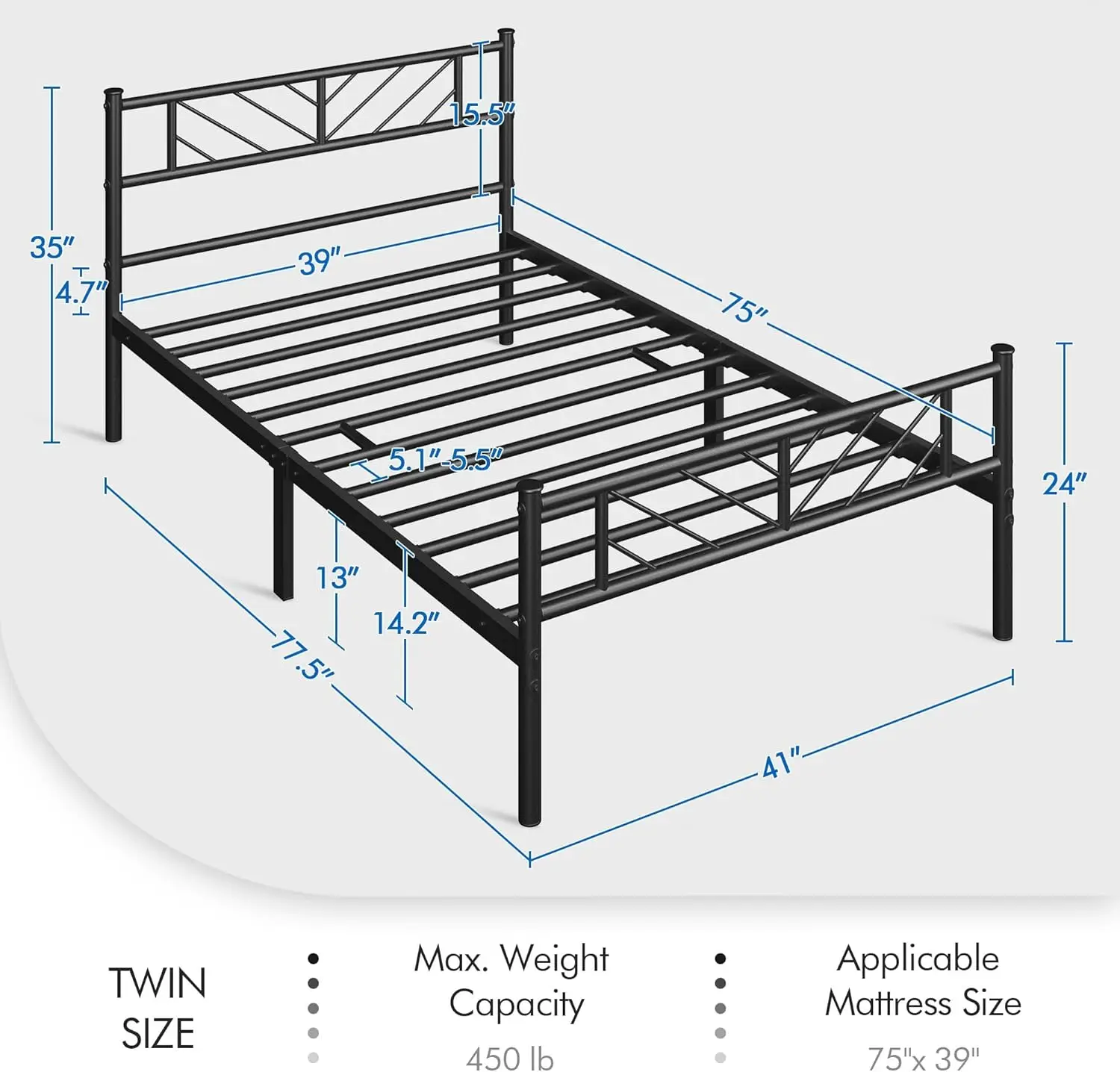 Double Sided Bed Frame com Seta Design Cabeceira, Metal Colchão Base, fácil de montar, preto, 13"