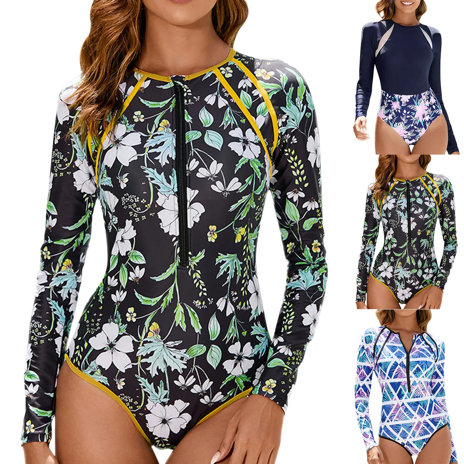 Swimwear feminino de uma peça de manga comprida, meio zíper, emagrecimento, cintura alta sexy, surfe, terno beachwear, combinação de cores