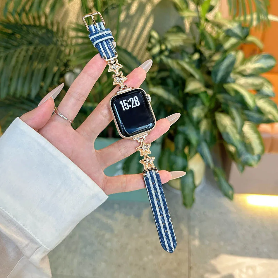 سوار أنيق من الزركون على شكل نجمة بالون لساعة Apple iWatch Series 10 9 8 7 6 5 4 3 2 SE Ultra Band 38 مم 40 مم 41 مم 42 مم 44 مم 45 مم 46 مم 49 مم أساور من الجلد الدنيم