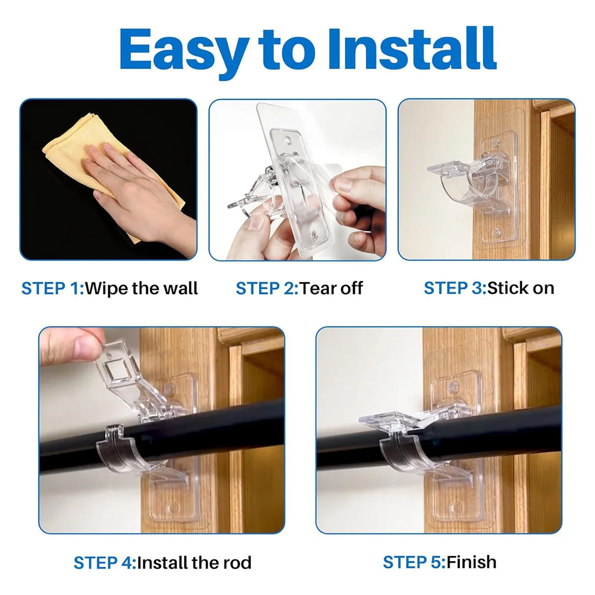 6Pcs No Drill Needed Curtain Rod Holders Brackets, Self Adhesive Rod Holder Hooks, Nail Free Stick on Curtain Rod Hooks