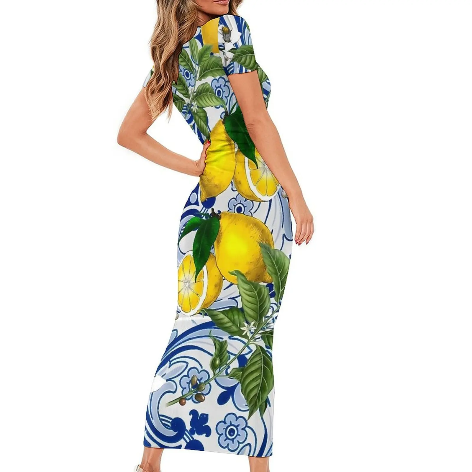 Retro Lemon on Blue Ceramic Tiles Dress Short Sleeve Street Style Maxi Dresses Club Bodycon Dress Women Design Oversized Vestido