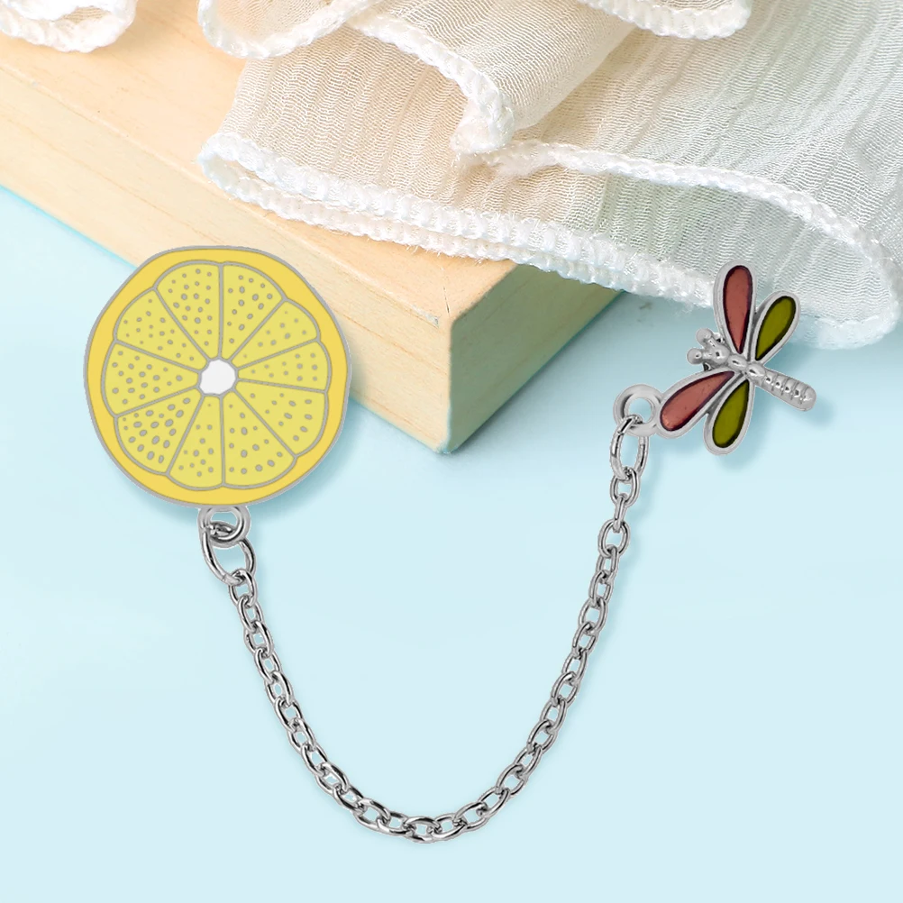 Cartoon Dragonfly Multicolor Lemon Slice Brooches Metal Long Chain Badges Women Men Fashion Denim Lapel Badge Decor Jewelry Gift