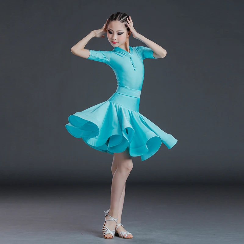 Robe de danse latine pour enfants, robe de danse pour filles, manches courtes, fendue, vêtements de spectacle, ensemble deux pièces