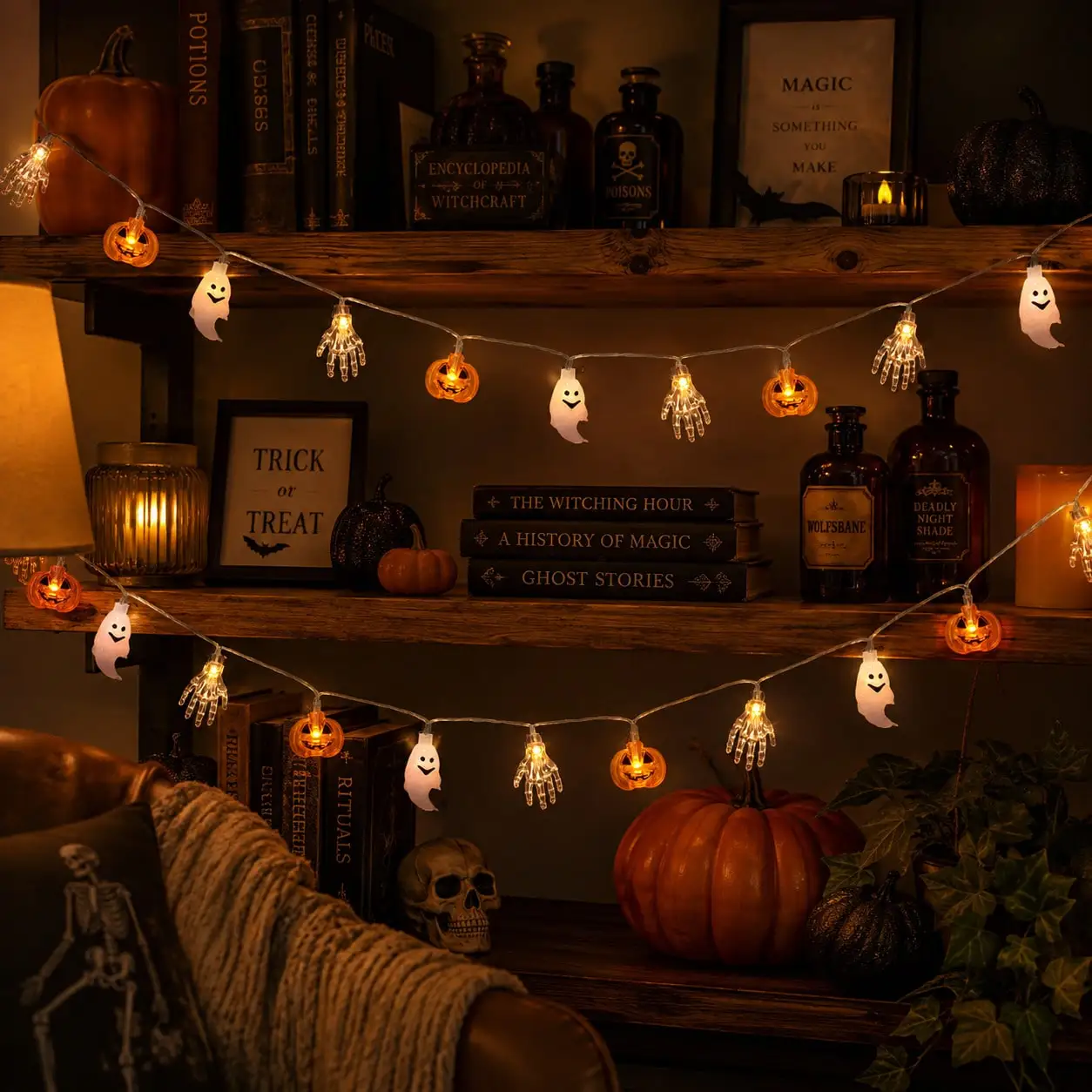 1pc 10/20/40LED Halloween String Lights Mixed Pumpkin Ghost Skeleton Hand Warm Light Fairy Lamp For Indoor Outdoor Party Decor