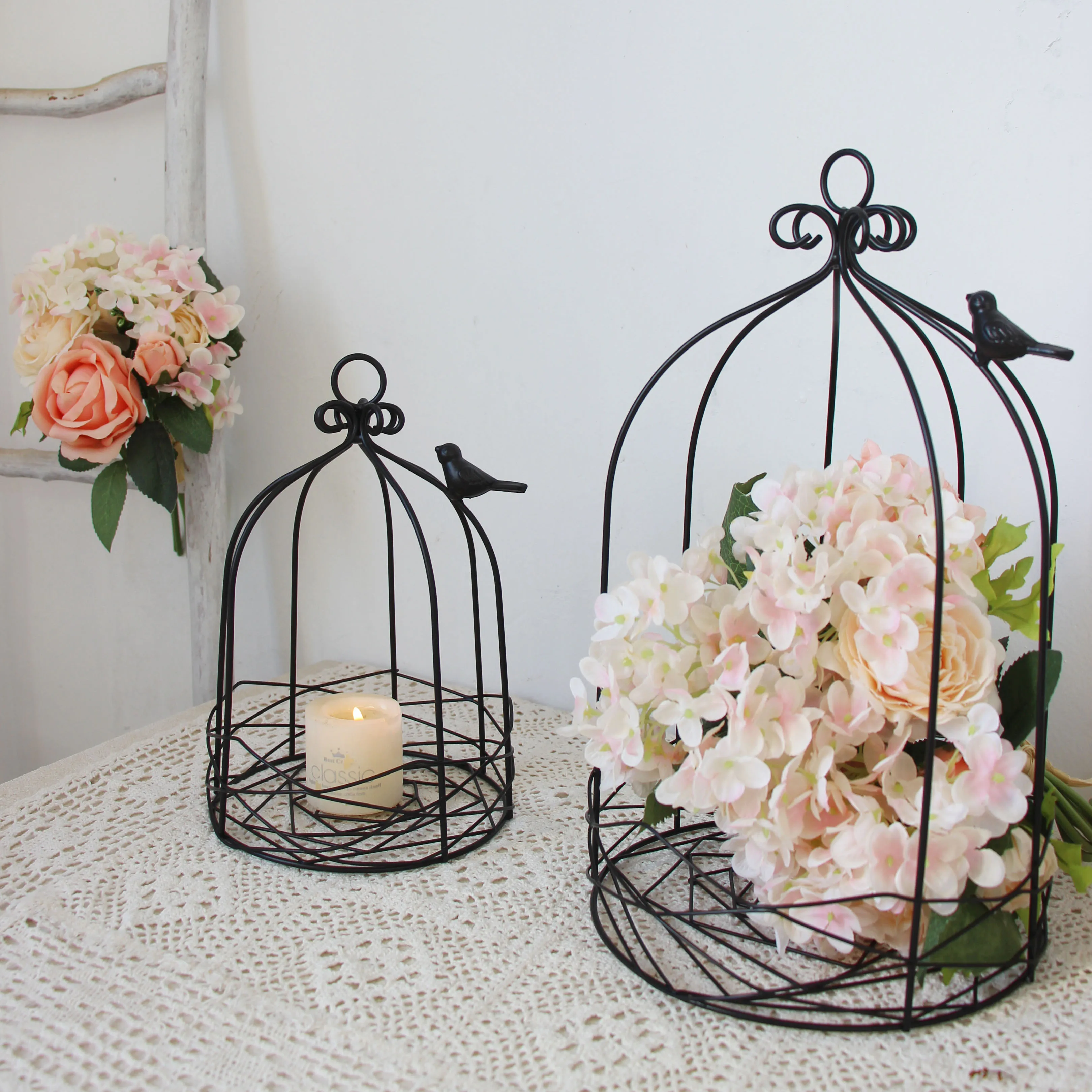 new Outdoor Modern iron garden metal birdcage black line cage with Bird hook decoration hanging flowerpot succulent plants