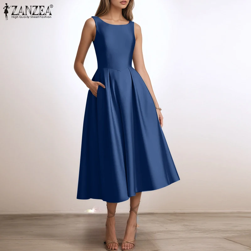 여성 스타일리시 파티 드레스 2025 ZANZEA 우아한 여름 새틴 드레스 민소매 A라인 워크 베스티도스 하이웨이스트 솔리드 OL 선드레스
