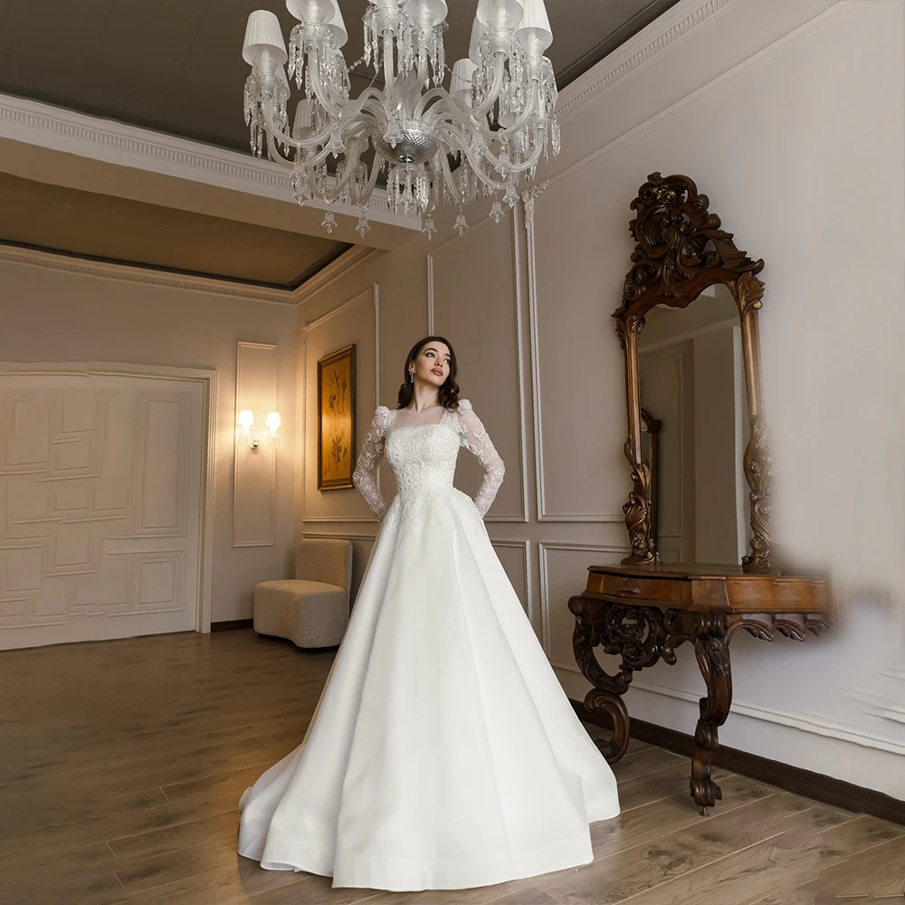 

Exquisite Weddings Dresses High Neck Lace Long Sleeve Brides Dress with Beading Appliques Bridal Gown Customized robe de mariée