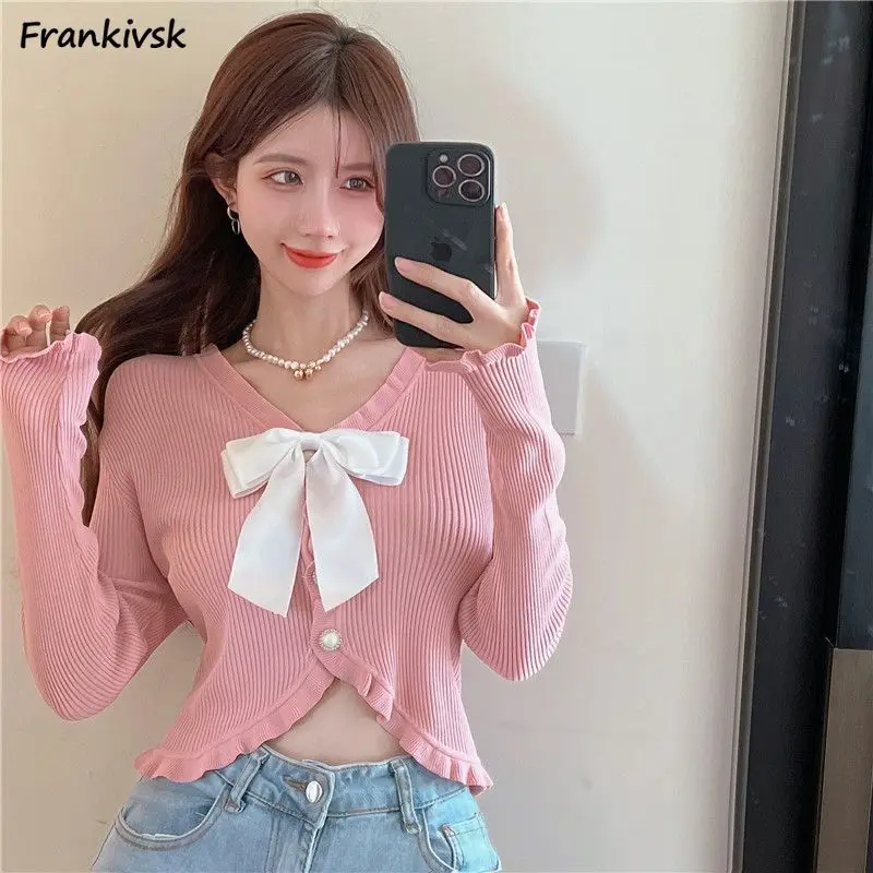 

Sweet Cardigan Women Bow Cropped Spliced Cute Long Sleeve Japanese Preppy Style Elegant Streetwear Knitwear Irregular Spring