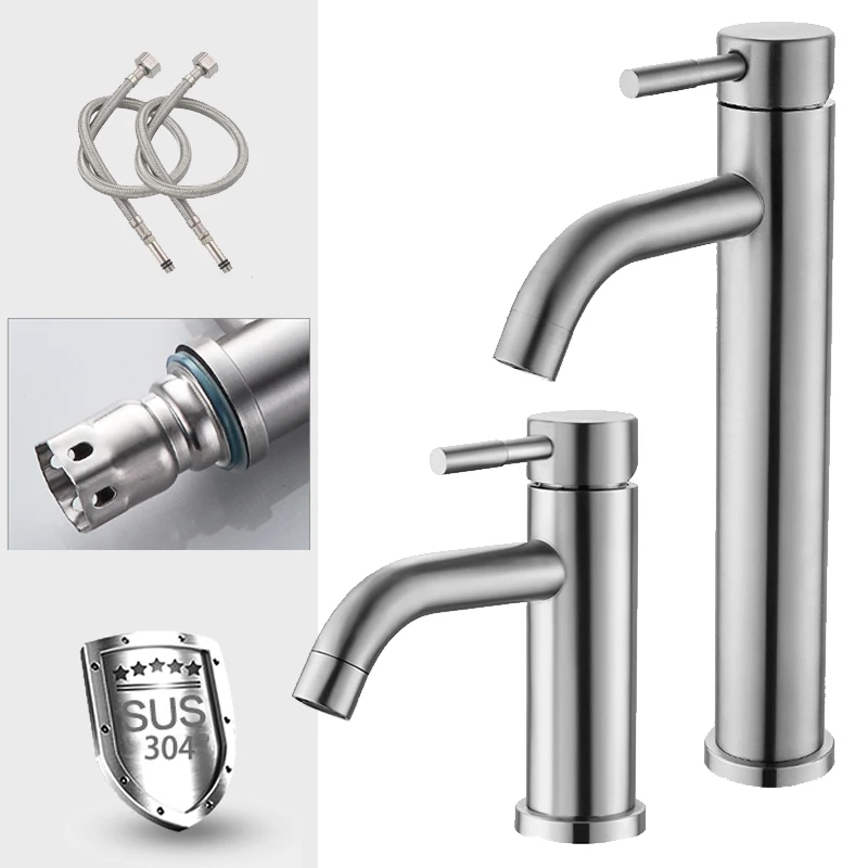 

Basin Faucet 304 Stainless Steel Sink Mixer Tap Hot Cold Water Washbasin Bathroom Kitchen Accessories Wanity With 2 Pieces Pipes