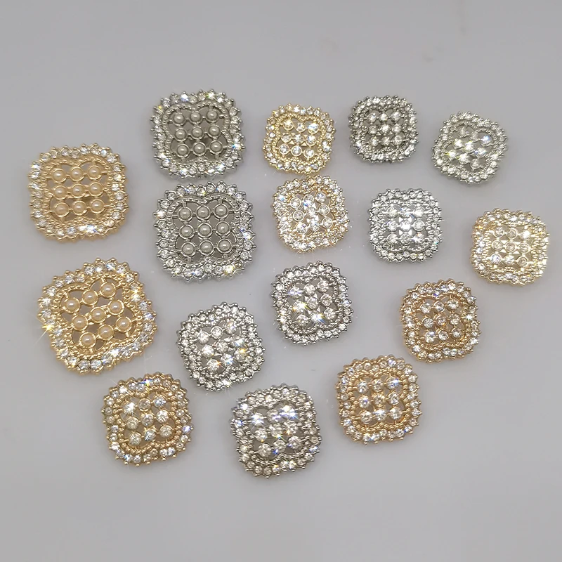 15/20MM moda złoto srebro Rhinestone perłowe guziki odzieży wysokiej jakości kwadratowa metalowa ozdoba przycisk dla kobiet płaszcz do szycia