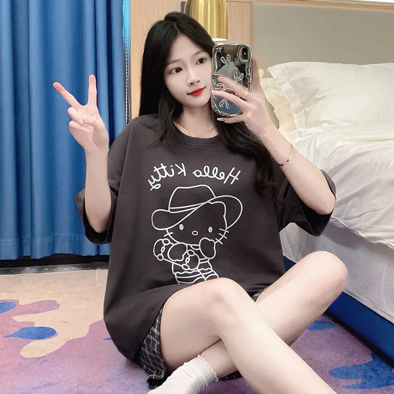 

Sanrio Printing Simple Pajamas Hello Kitty Summer Loose Student Vitality Set Exquisite Fresh Sweet Cute Kawaii Cartoon Girl New