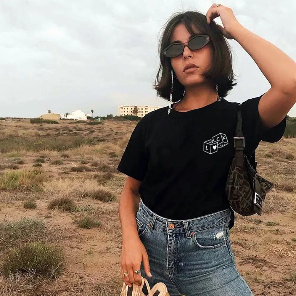 

Women Good Luck Pocket Letters Printing Black Cotton T Shirts Summer Short Sleeve Loose Casual Tops Vintage Style Simple Tees