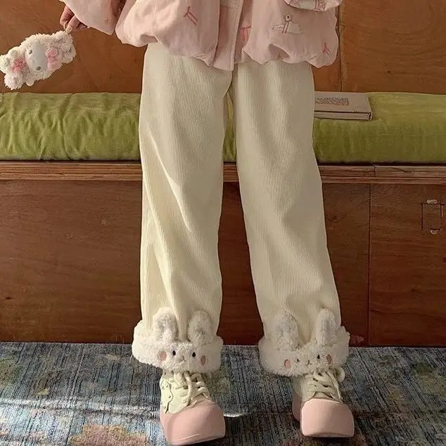 

Очаровательные вельветовые брюки на подкладке Fce, зимняя студенческая одежда, прямые брюки-трубы с высокой талией и широкими штанинами с манжетами