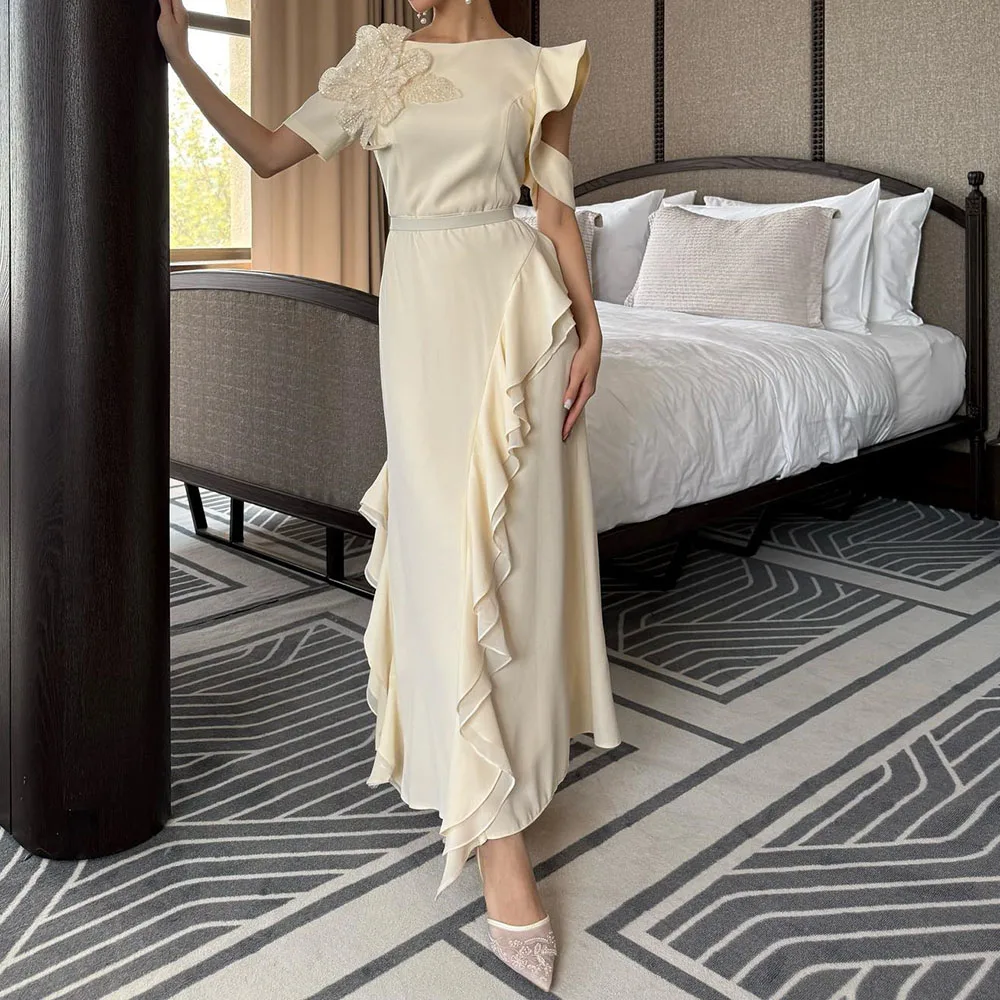 

Customized A-line Evening Dresses Ankle-length Scoop-neck Sleeveless Prom Gown Fashion Sequined Flowers Simple Draped Party Gown