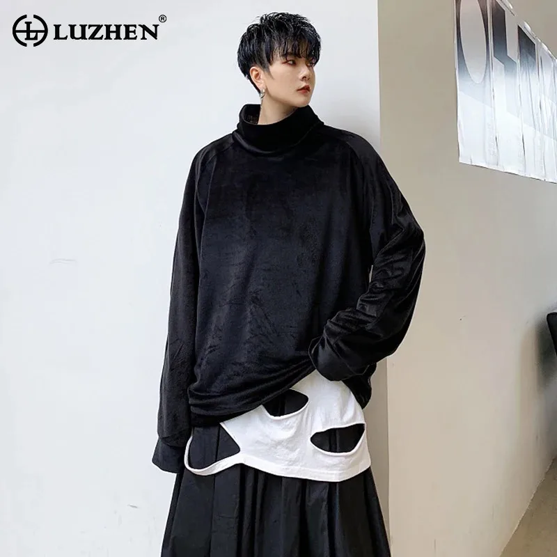 

Мужские рубашки LUZHEN: модные, высококачественные, из корейской шерсти, свободного кроя, однотонные, с длинным рукавом, весна 2025, стильные, с воротником-стойкой, JY6017