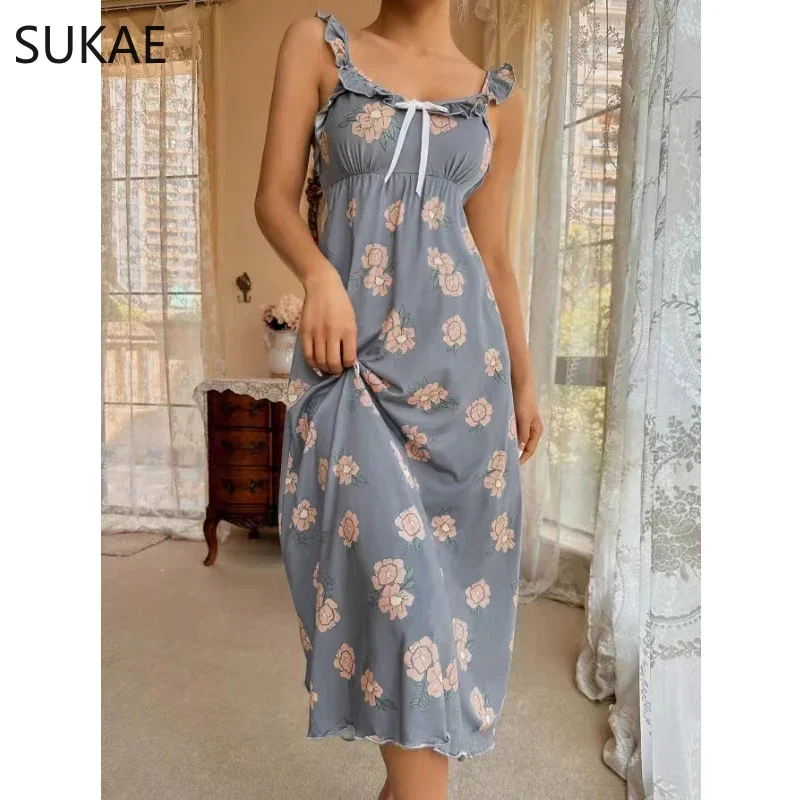 SUKAE Floral Print Ruffle Trim Slip Nightdress Fashion Women Elegant Bow Decor V Neck Midi Sleep Dress Chic Women\'s Nightgowns