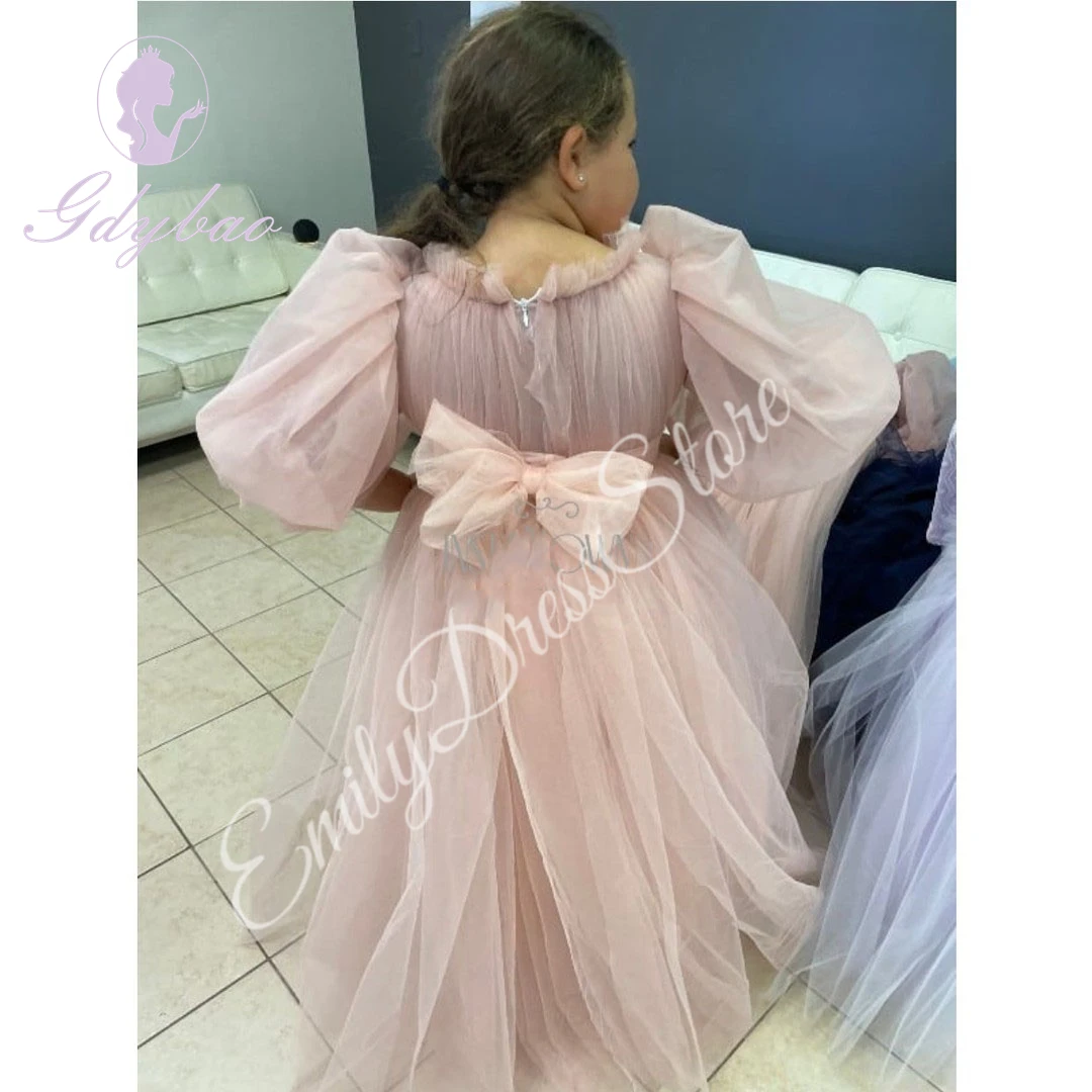 Vestido de menina de flor de dama de honra de tule rosa personalizado para casamento plissado cintura alta meia mangas vestido de primeira comunhão de aniversário infantil