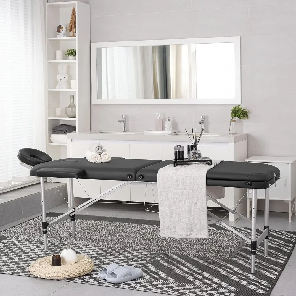 3 Sections Reclining Spa Bed, Aluminum Legs, with Carrying Bag, Face Cradle & Armrest - Easy Set Up,  24" to 33"