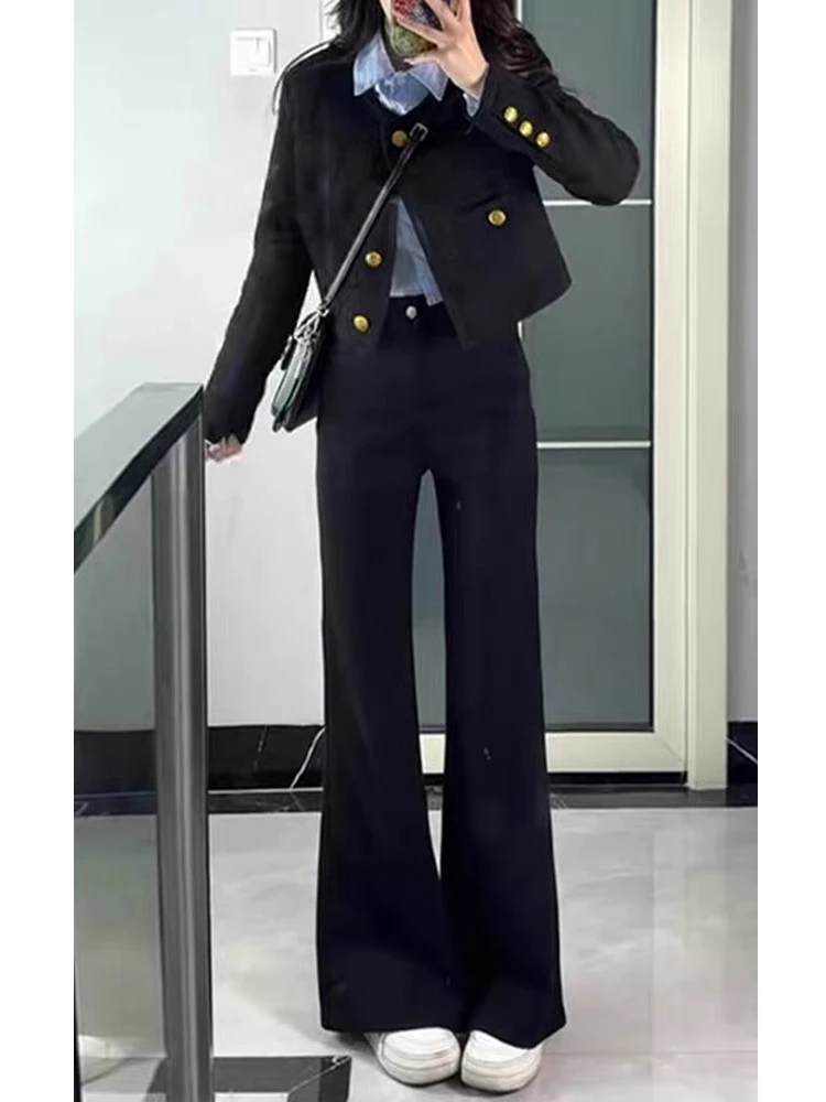 กางเกงยีนส์ทรงกระดิ่งเอวสูง ผู้หญิง ทรงหลวม ยืดหยุ่น ผ้าเดนิมสีดำ รุ่นใหม่สำหรับฤดูใบไม้ร่วง ไซส์ใหญ่ ขากว้าง