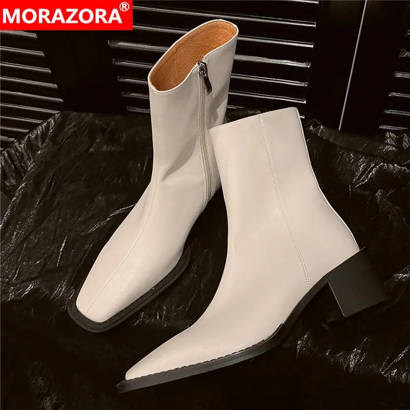 

MORAZORA 2024 New Genuine Leather Boots Women Shoes Zipper Square High Heels Spring Autumn Ankle Boots Ladies Shoes Size 34-40