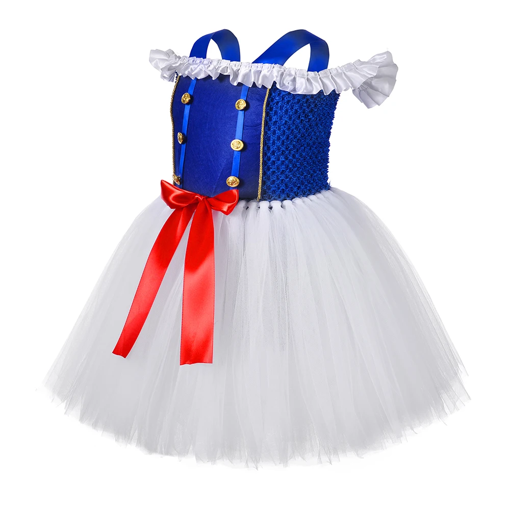 Girls Navy Captain Officer Sailor Costume Blue White Tulle Tutu Princess Dress Kids Halloween Carnival Party Dress Up Clothes