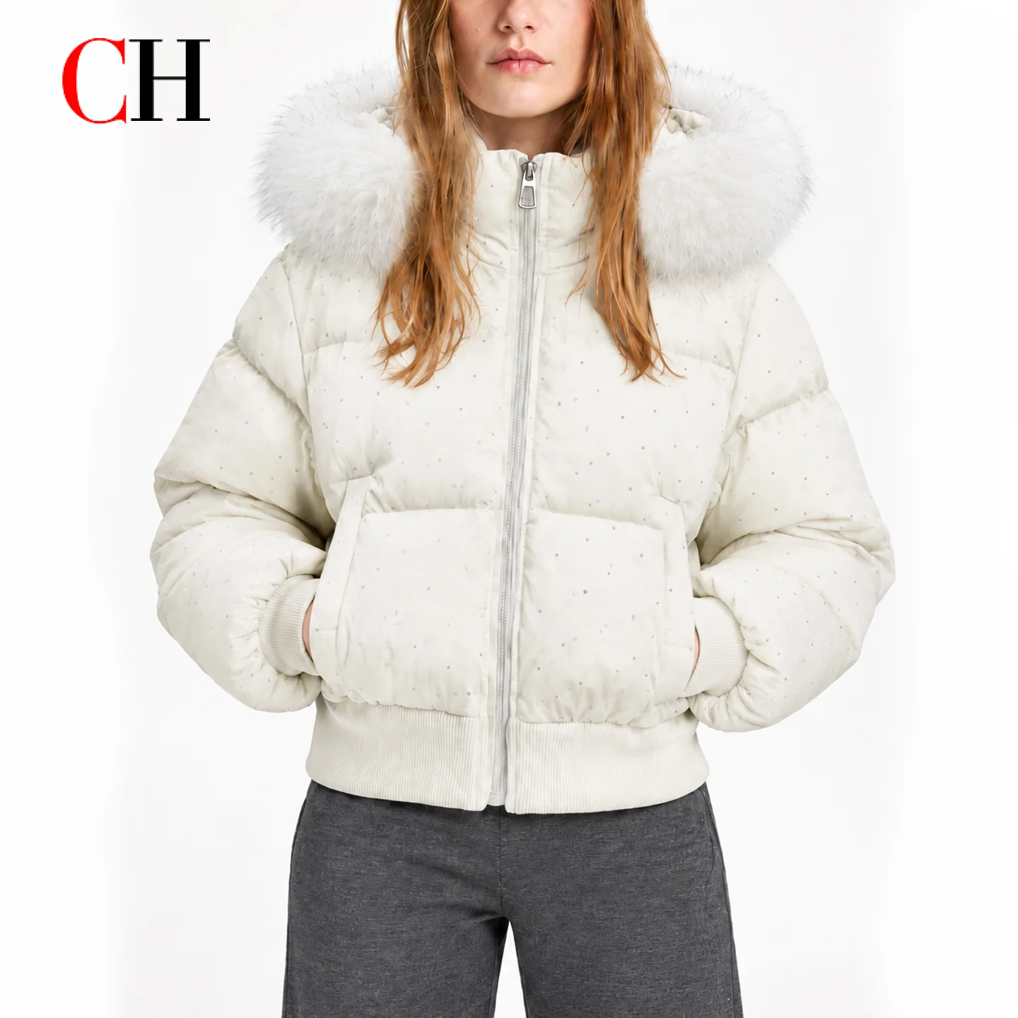 CH CH Women's Winter Puffer Jacket with Fur Collar Hood Rhinestone Thick Warm Padded Cotton Coat Casual Streetwear Outerwear - Aliexpress Deal