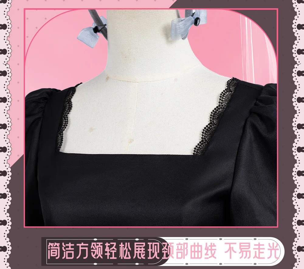 Alien Stage Sua 3rd Anniversary Rabbit Cafe‑Style Bunny Girl Cosplay Costume, Black Lace Puff‑Sleeve Dress Set, Halloween Costum view 5