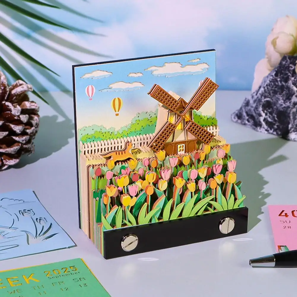 Windmill ที่สวยงาม Pastoral 3D ปฏิทินเดสก์ท็อป 2025 ใหม่ 1pcs Notepads น่ารักตกแต่งบ้านปฏิทินปี Tear-Off - N2C1