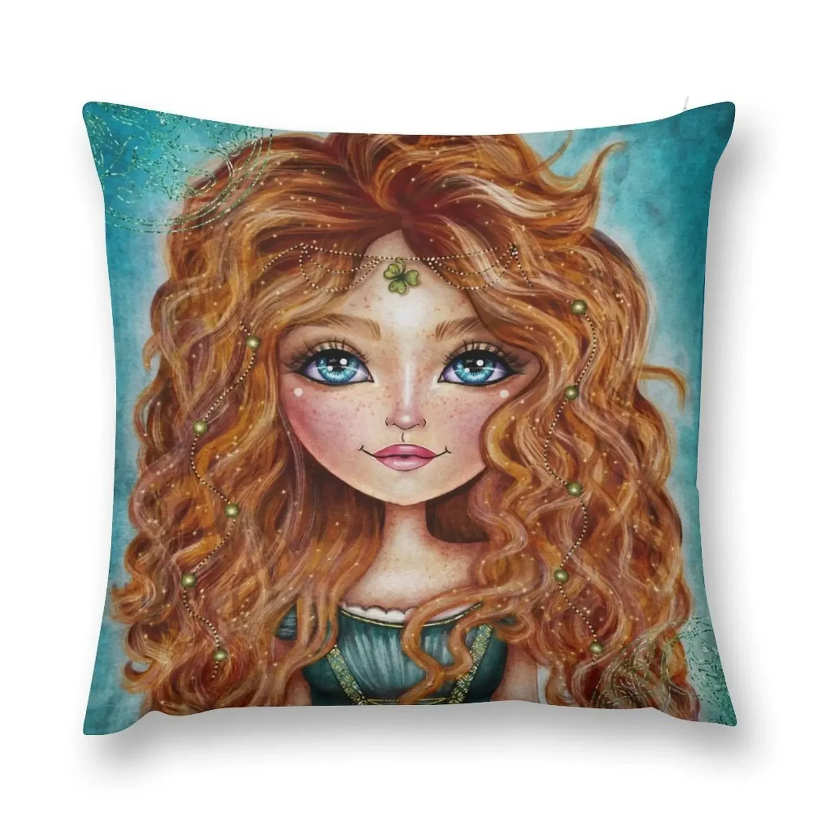 Beautiful Irish Girl Redhead in Traditional Dress with Shamrock Headpiece Throw Pillow christmas cushions covers pillow