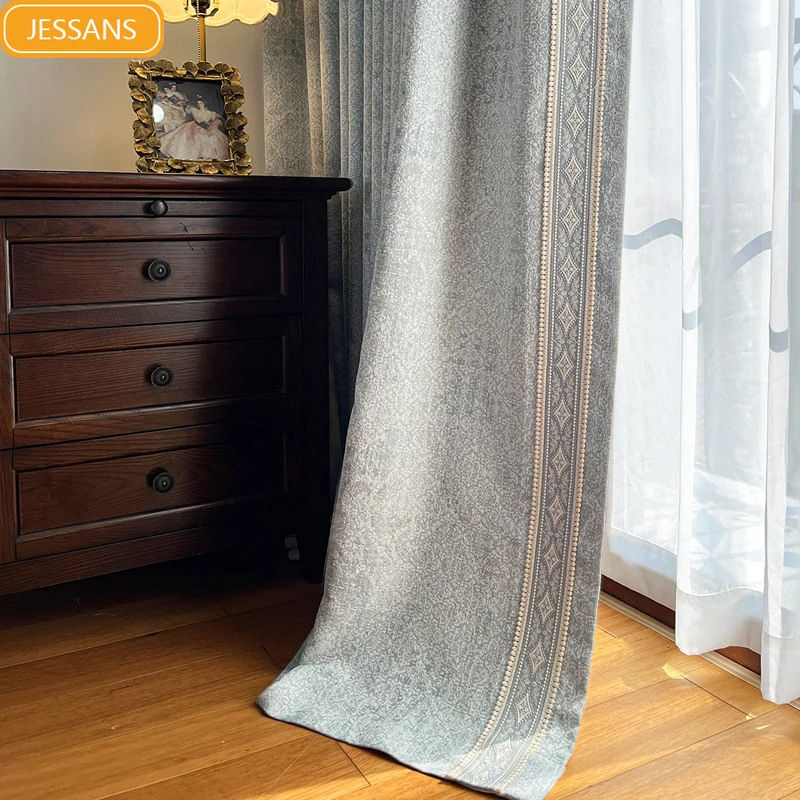 

French Retro Dark Texture Chenille Grey Blue Lace Splicing Curtains for Bedroom Living Room French Window Balcony Customized