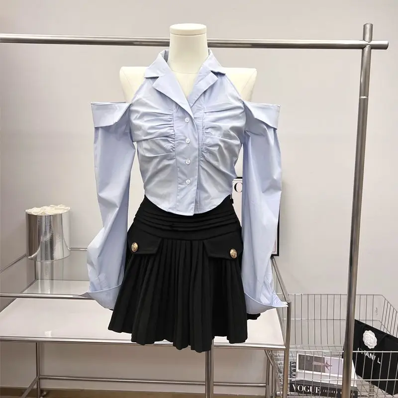 

Pure White ort oulder Bared Long Sve irt Korean Sle Commute Collar Open Cardigan Top for Women Spring Season