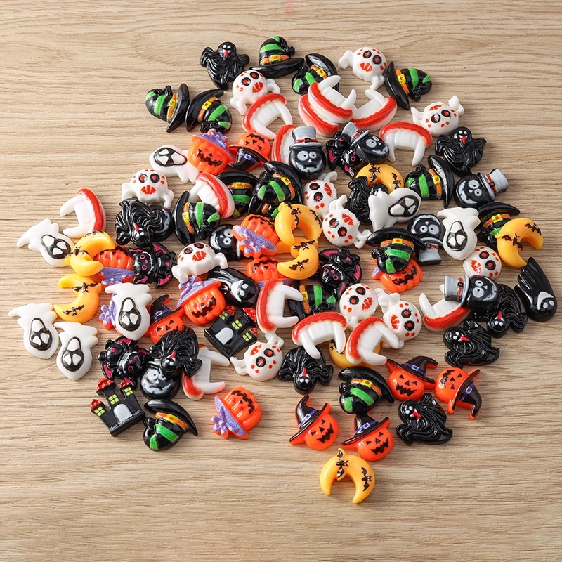 Tusember 10 Stück Halloween-Anhänger aus Harz, flache Rückseite, Kawaii-Motiv: Mond, Spinne, Fledermaus, Kürbis, Geist für DIY-Nagelkunst, Haarspangen, Broschen-Dekoration – Detail 4