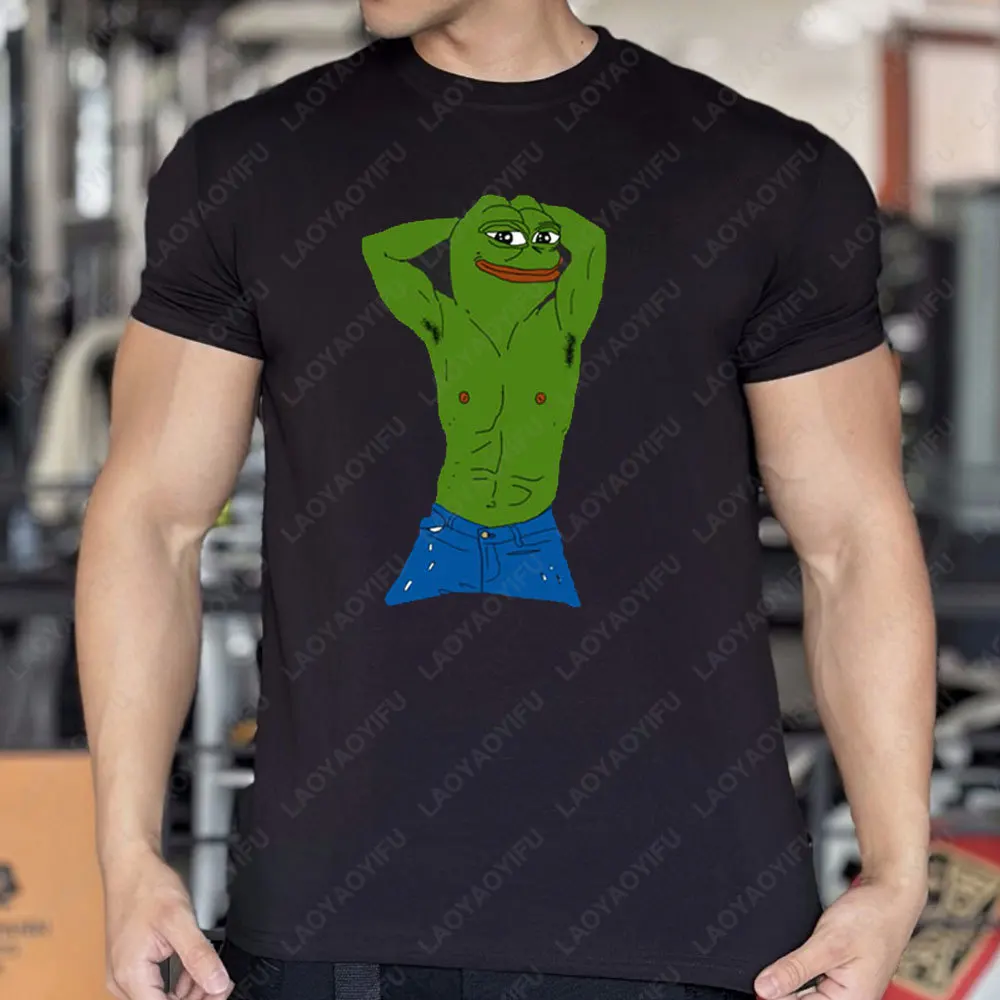 

Funny Cartoon Pepe Frog Graphic Cotton T Shirt Unisex Harajuku Short Sleeve Men Muscle Frog Humor Fitness Room Athletic Tops Tee