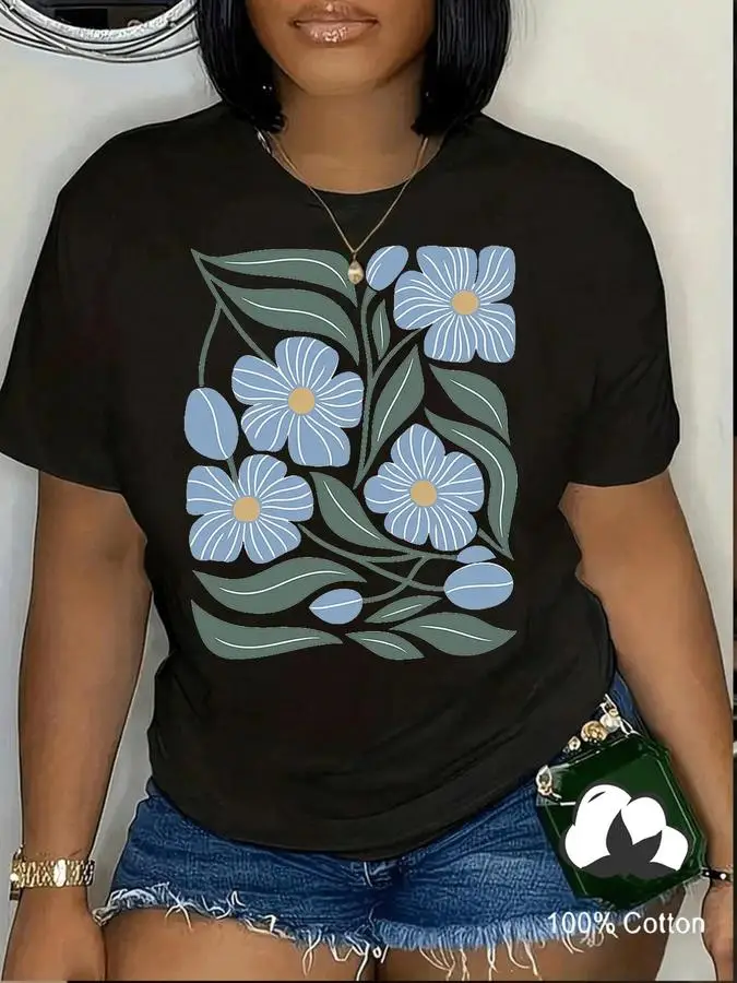 Flower Print Women Crew Neck Short Sleeve Women's Graphic T-shirt Stylish Comfortable Casual Women Top Trendy T Shirt Women