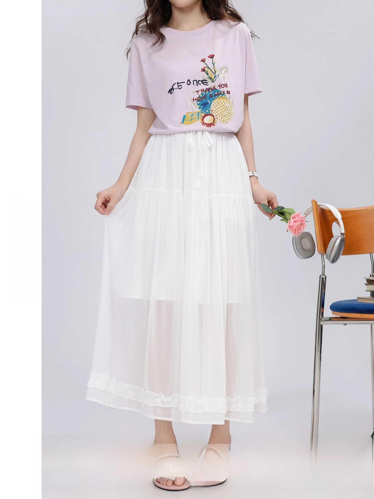 

New Arrival Fairy T f Skirt with Wood ain High Waist A-Line Korean Sle Commute Polyester Fiber Ladies Skirt